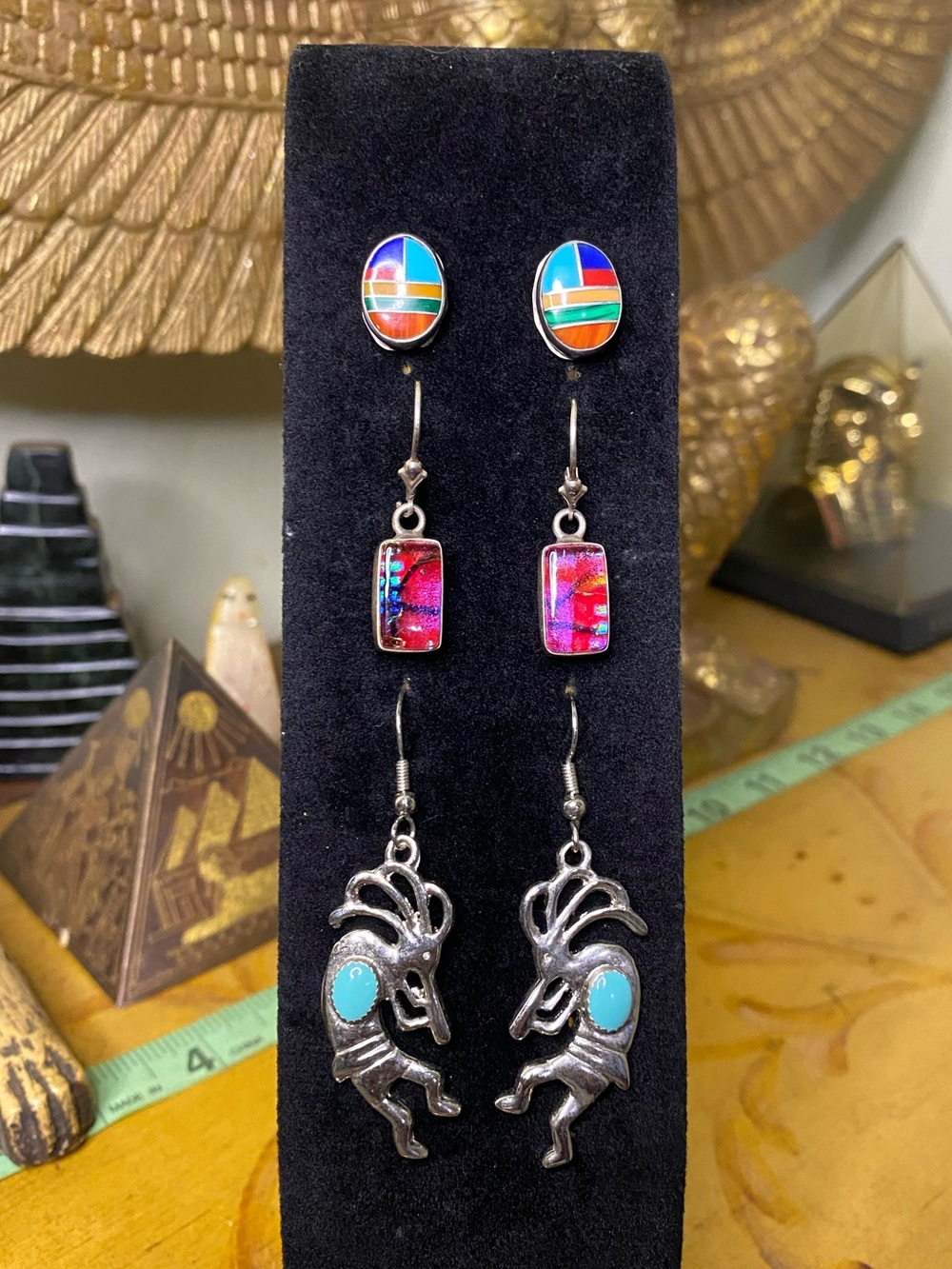 Sterling Kokopelli Drop Earrings with Turquoise Accent - Silver - Picture 3 of 6